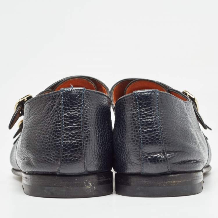 Pre Owned Santoni Blue Leather Double Buckle Monk Strap Derby Size 41