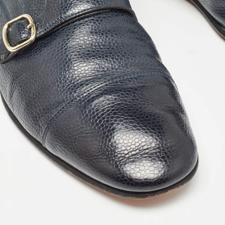 Pre Owned Santoni Blue Leather Double Buckle Monk Strap Derby Size 41