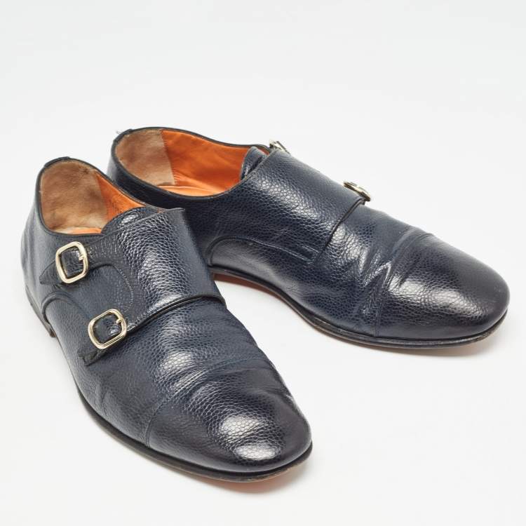 Pre Owned Santoni Blue Leather Double Buckle Monk Strap Derby Size 41
