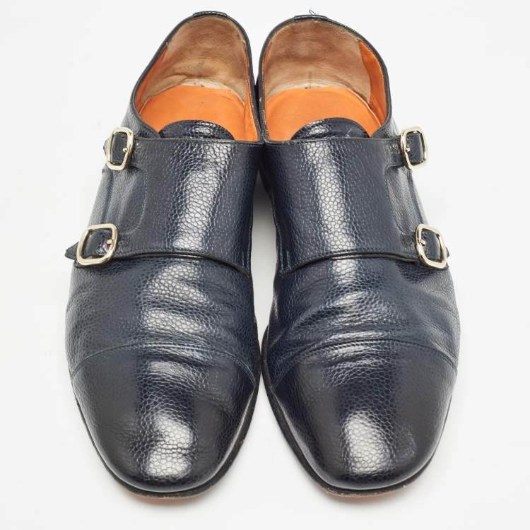 Pre Owned Santoni Blue Leather Double Buckle Monk Strap Derby Size 41