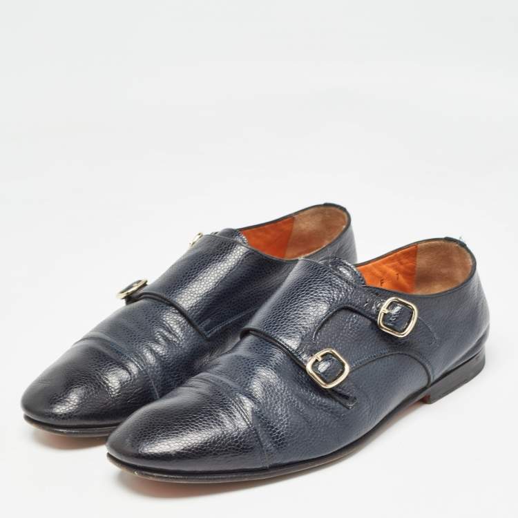 Pre Owned Santoni Blue Leather Double Buckle Monk Strap Derby Size 41