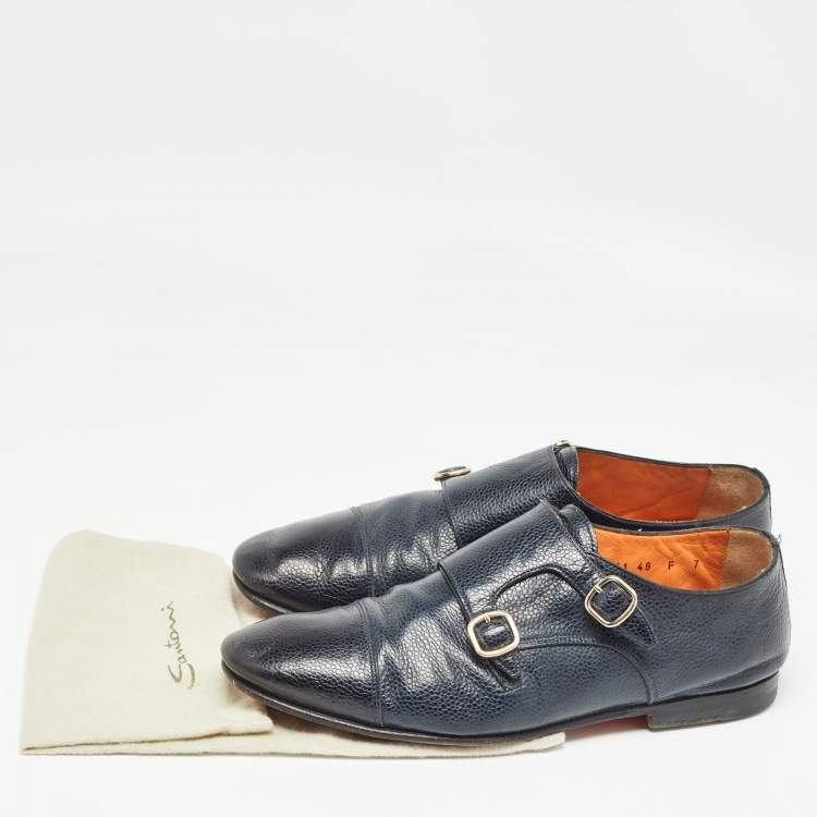 Pre Owned Santoni Blue Leather Double Buckle Monk Strap Derby Size 41