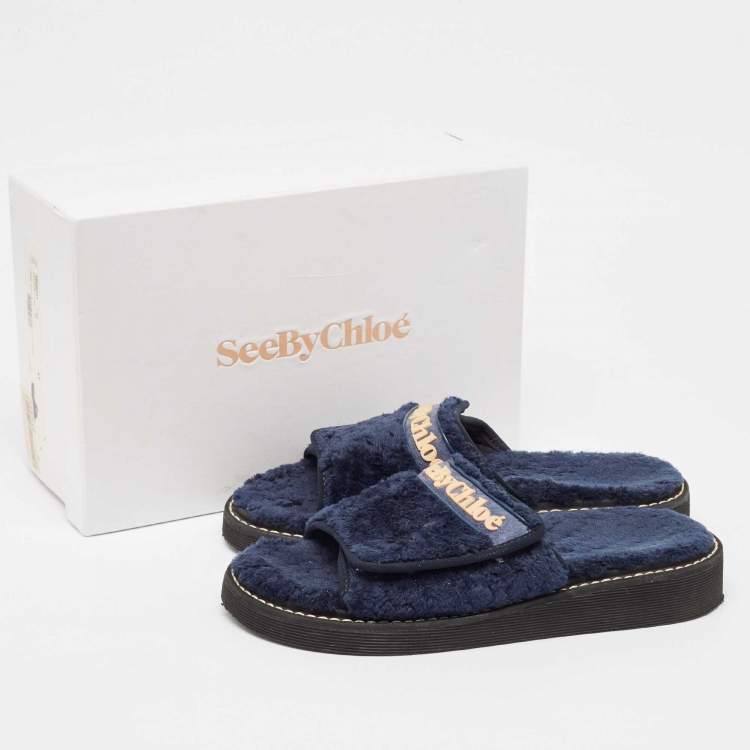 Pre Owned See by Chloe Navy Blue Fur Flat Slides Size 41