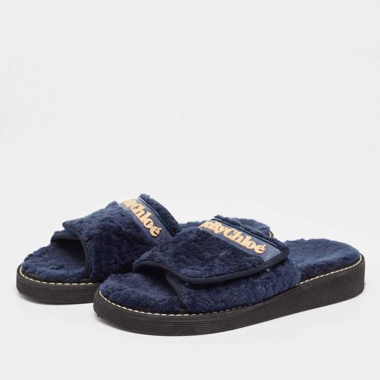 Pre Owned See by Chloe Navy Blue Fur Flat Slides Size 41