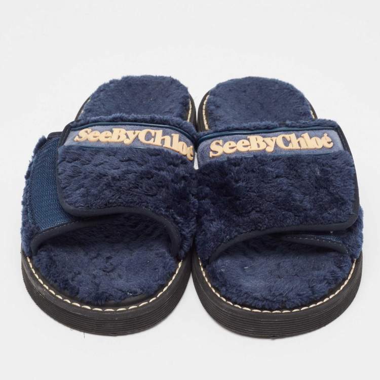 Pre Owned See by Chloe Navy Blue Fur Flat Slides Size 41