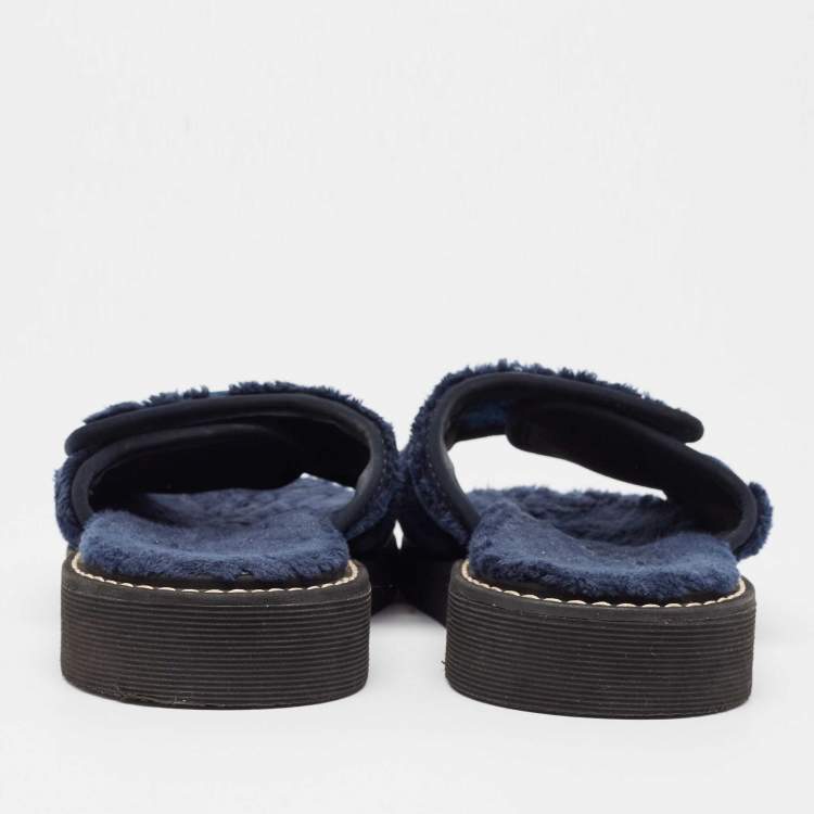 Pre Owned See by Chloe Navy Blue Fur Flat Slides Size 41
