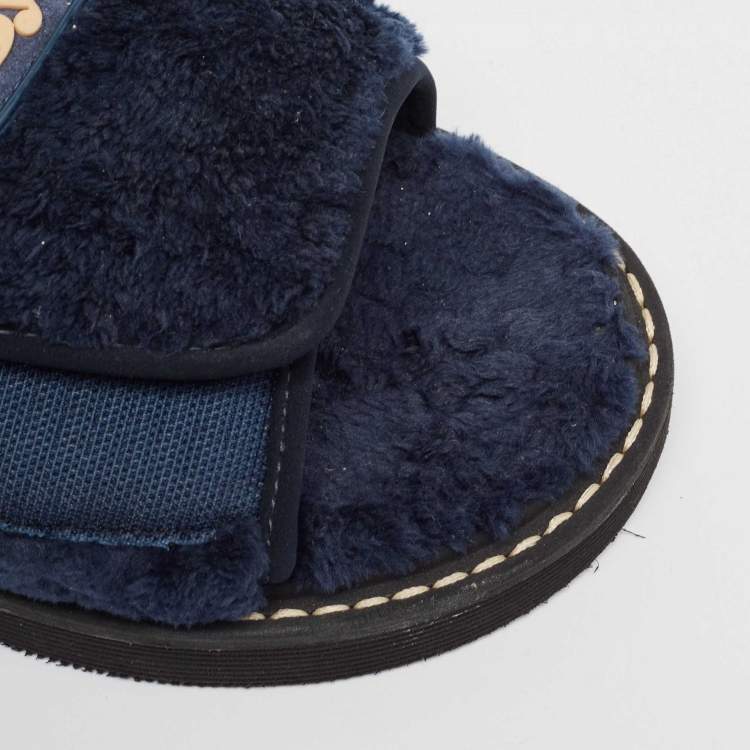Pre Owned See by Chloe Navy Blue Fur Flat Slides Size 41