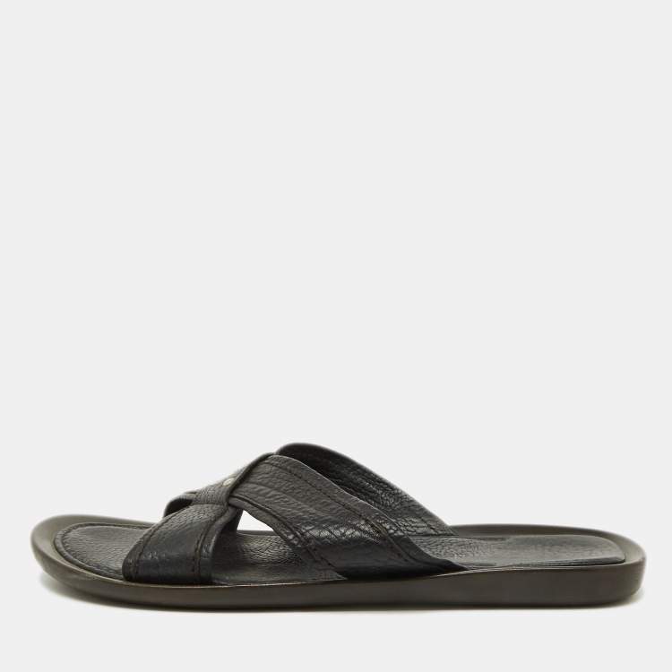 Pre Owned Sergio Rossi Black Leather Cross Strap Flat Sandals Size 44.5