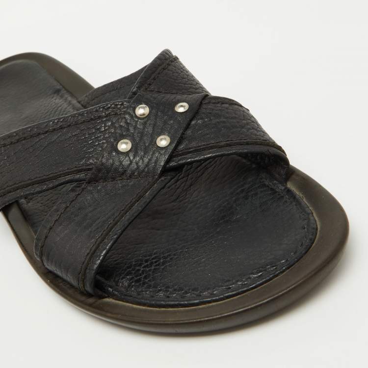 Pre Owned Sergio Rossi Black Leather Cross Strap Flat Sandals Size 44.5