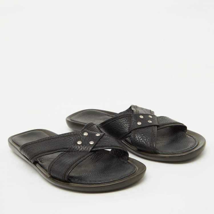 Pre Owned Sergio Rossi Black Leather Cross Strap Flat Sandals Size 44.5