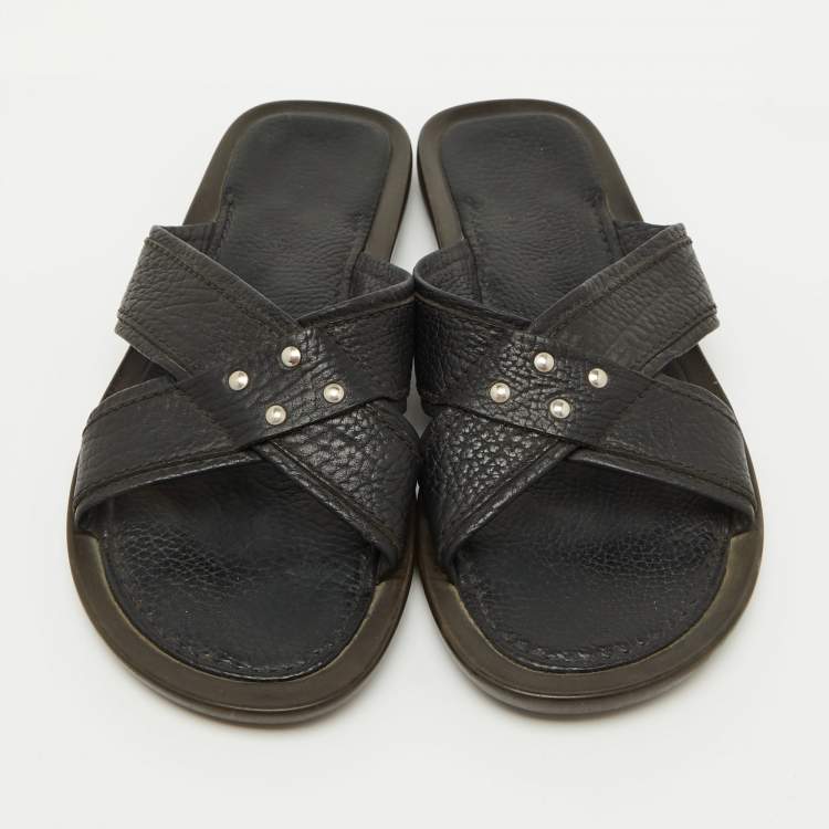 Pre Owned Sergio Rossi Black Leather Cross Strap Flat Sandals Size 44.5
