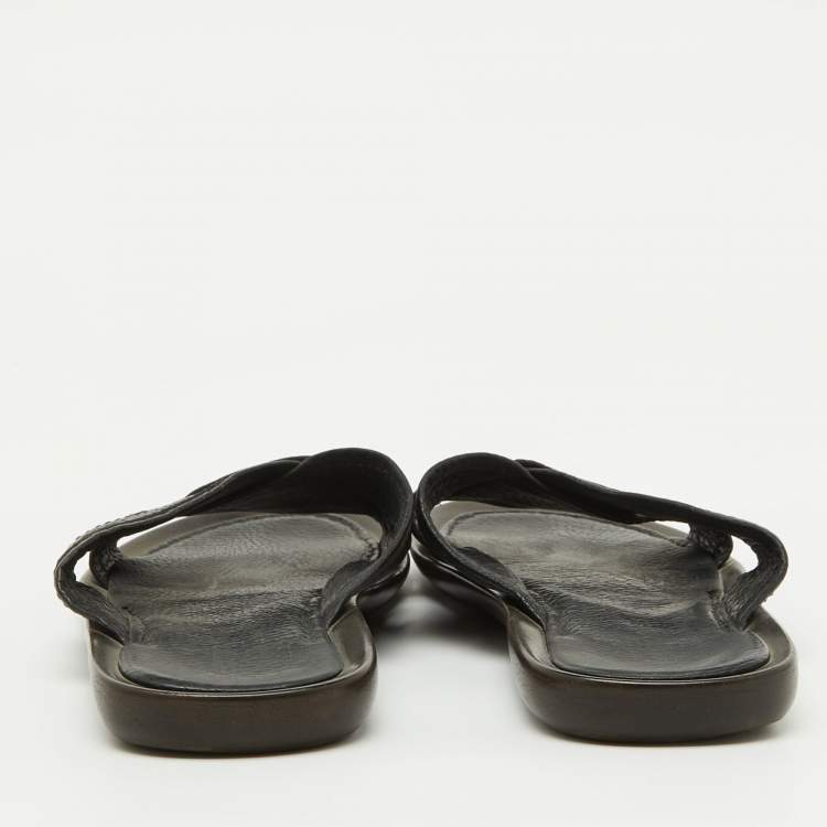 Pre Owned Sergio Rossi Black Leather Cross Strap Flat Sandals Size 44.5