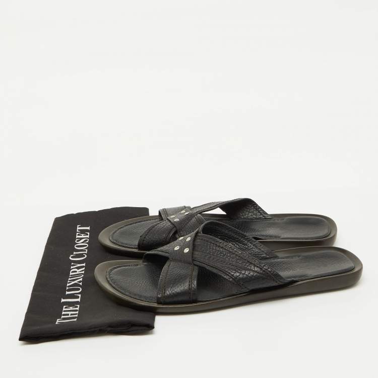 Pre Owned Sergio Rossi Black Leather Cross Strap Flat Sandals Size 44.5