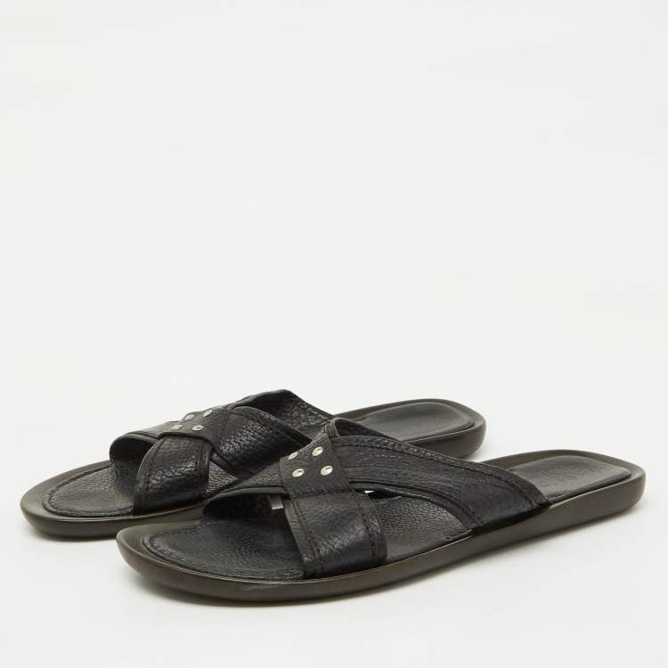 Pre Owned Sergio Rossi Black Leather Cross Strap Flat Sandals Size 44.5