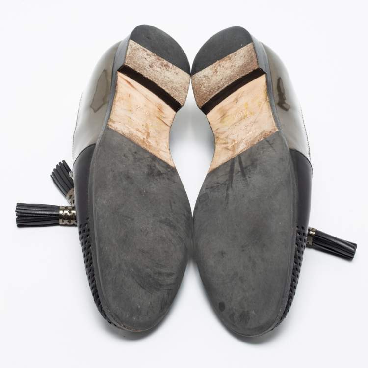 Pre Owned Sergio Rossi Black/Olive Green Patent And Leather Tassel Loafers Size 40.5