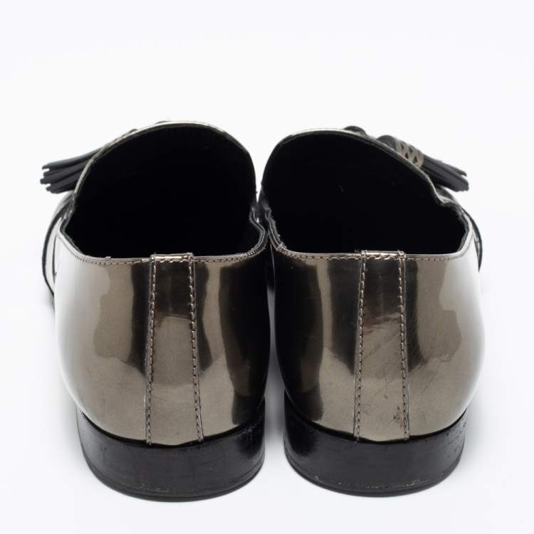 Pre Owned Sergio Rossi Black/Olive Green Patent And Leather Tassel Loafers Size 40.5