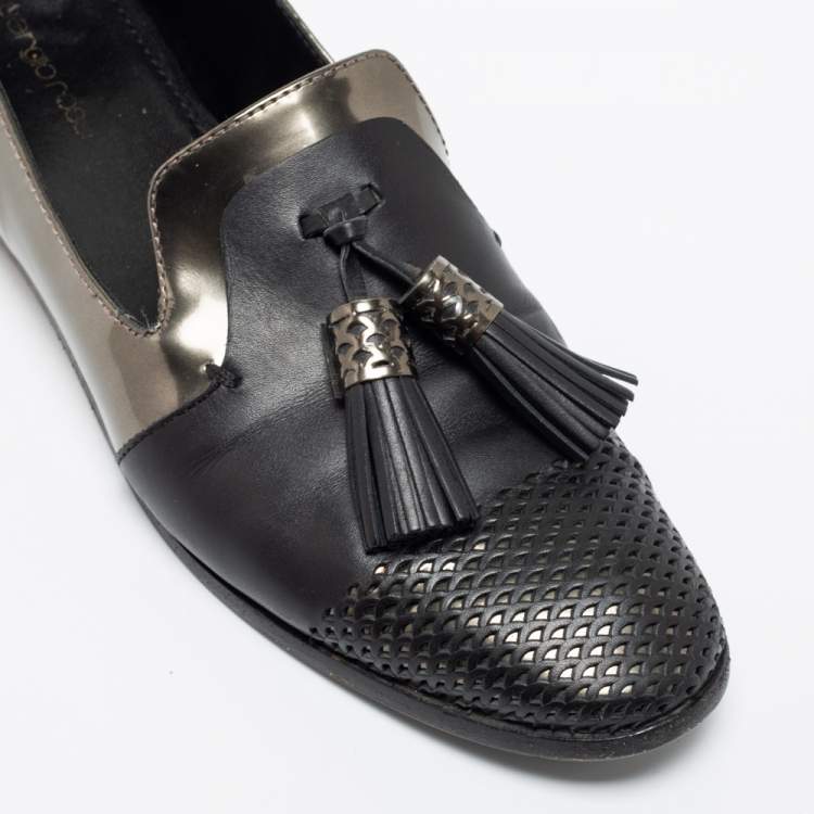 Pre Owned Sergio Rossi Black/Olive Green Patent And Leather Tassel Loafers Size 40.5