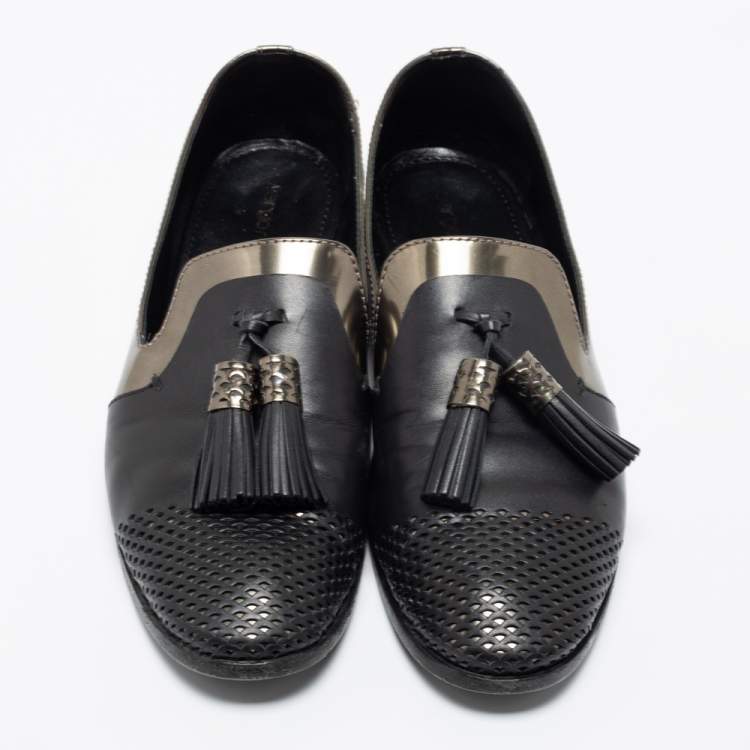 Pre Owned Sergio Rossi Black/Olive Green Patent And Leather Tassel Loafers Size 40.5