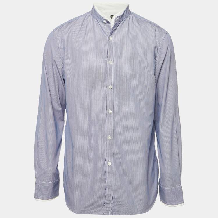 Pre Owned Shanghai Tang Blue Striped Cotton Long Sleeve Shirt L