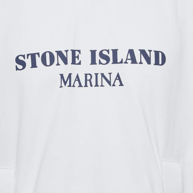 Pre Owned Stone Island White Cotton Knit Logo Printed Hoodie M