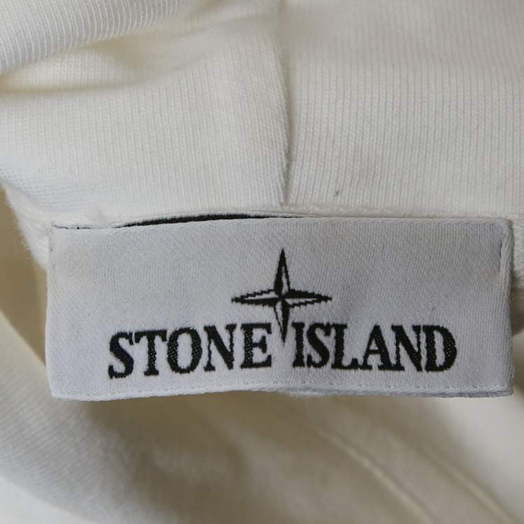 Pre Owned Stone Island White Cotton Knit Logo Printed Hoodie M