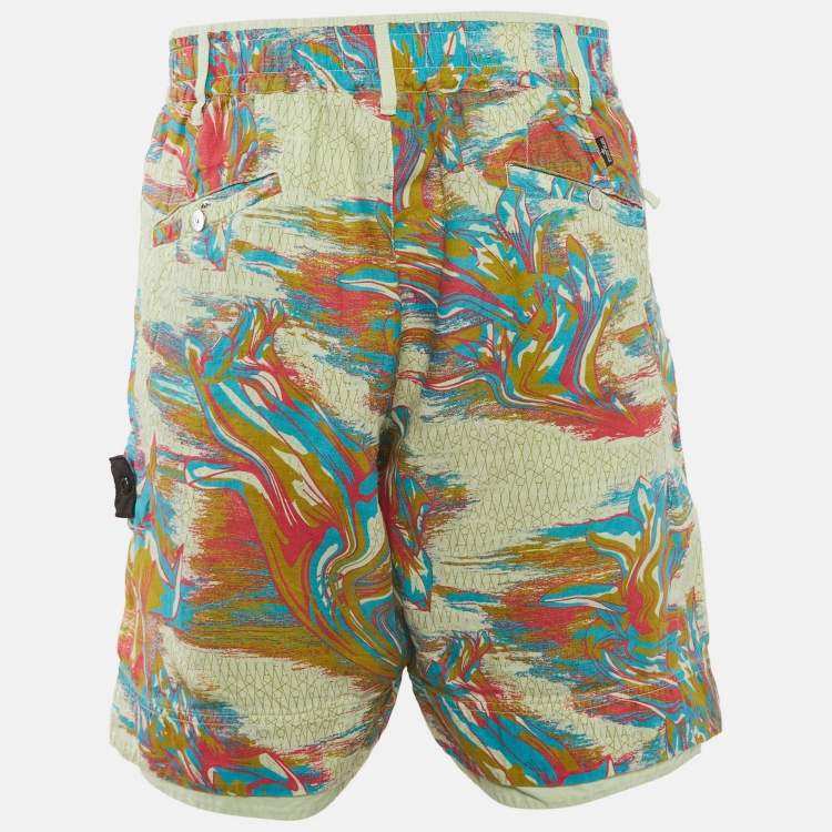 Pre Owned Stone Island Green Printed Linen Cargo Shorts M