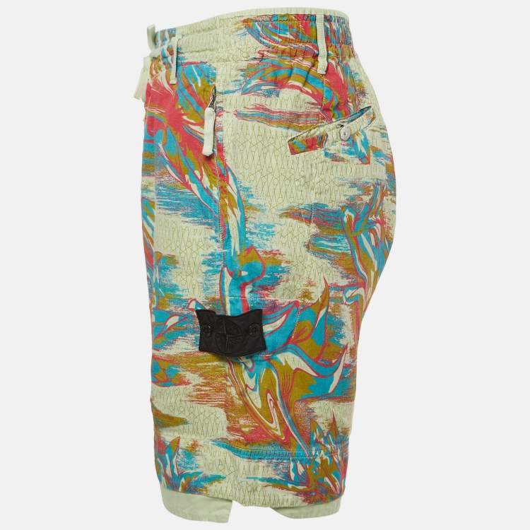 Pre Owned Stone Island Green Printed Linen Cargo Shorts M