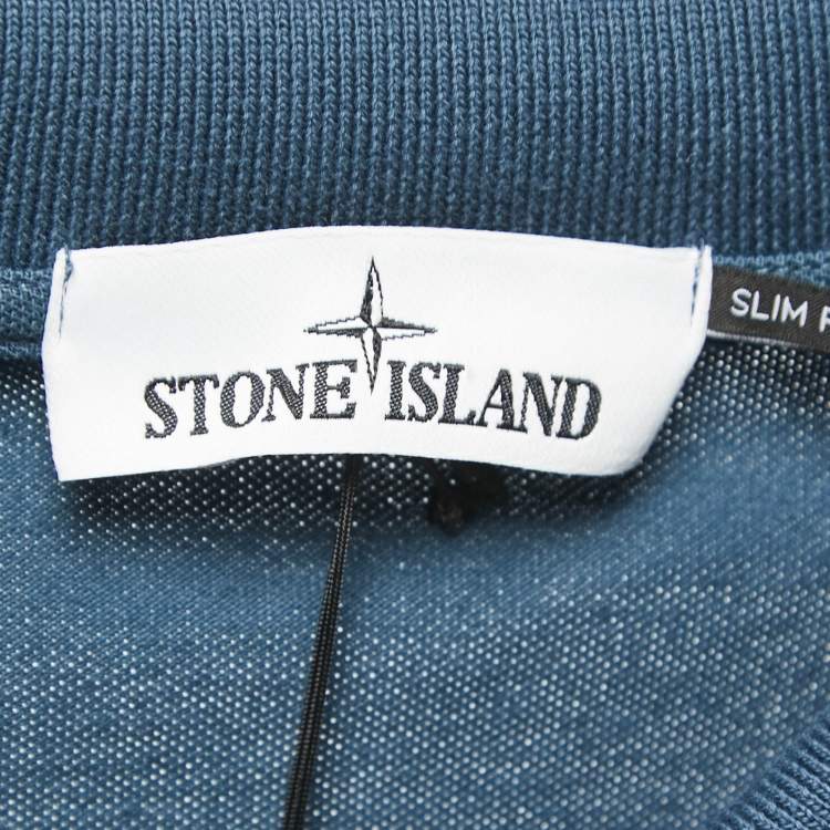 Pre Owned Stone Island Blue Cotton Pique Full Sleeve Polo T-Shirt XL