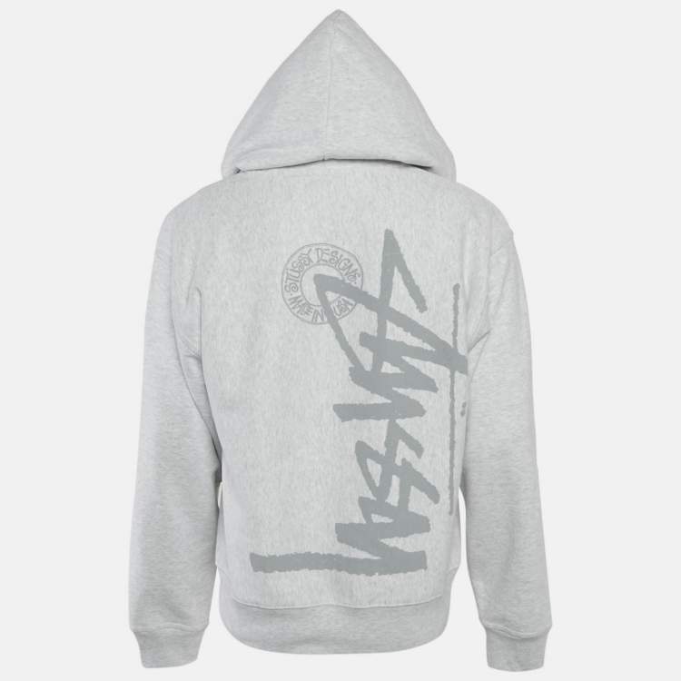 Pre Owned Stussy Grey Printed Cotton Zip-Up Hooded Jacket M