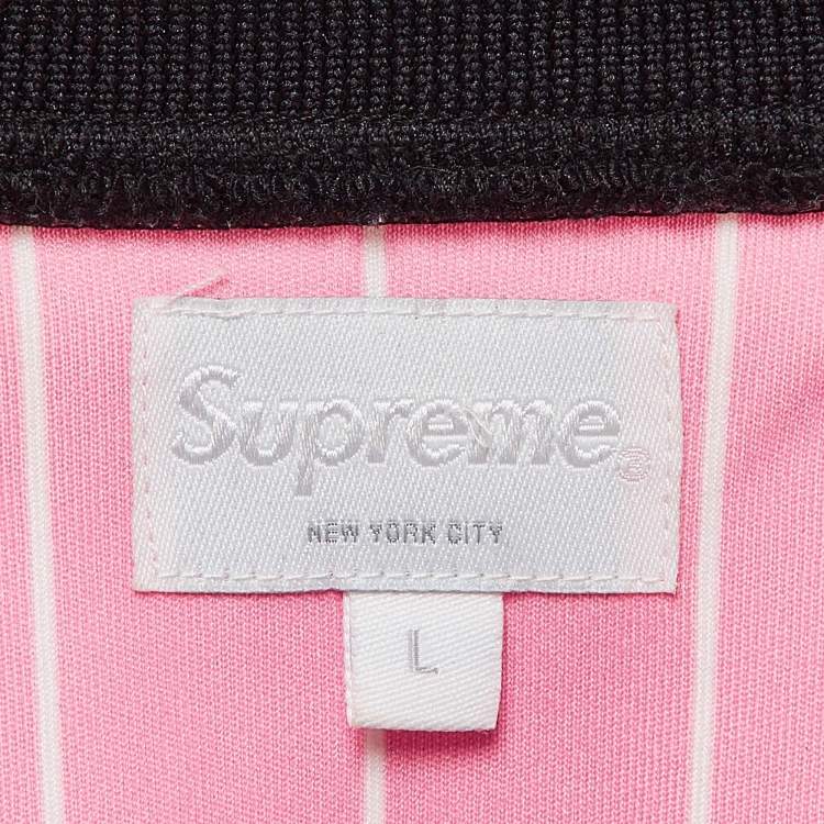 Pre Owned Supreme Pink Pinstripe Jersey Logo Applique Baseball T-Shirt L