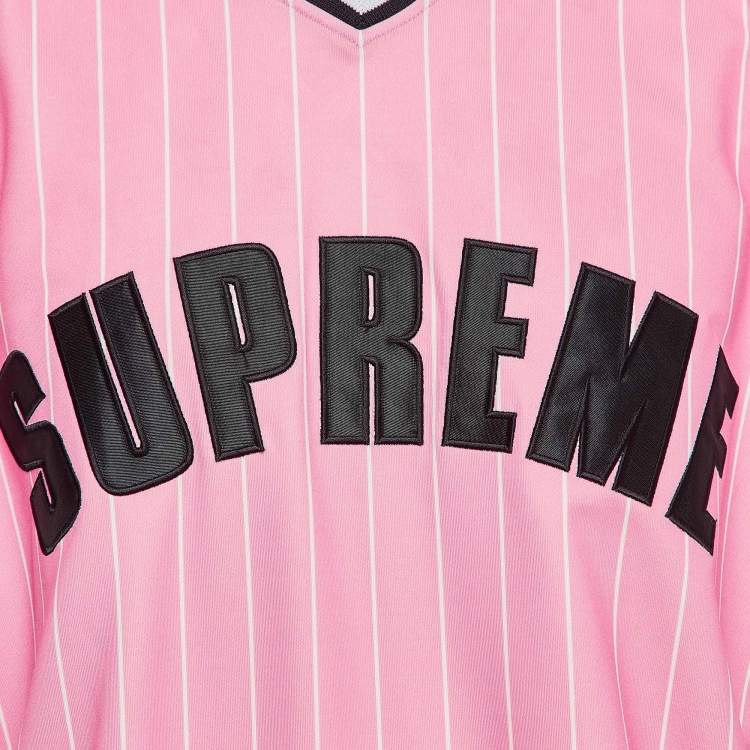 Pre Owned Supreme Pink Pinstripe Jersey Logo Applique Baseball T-Shirt L