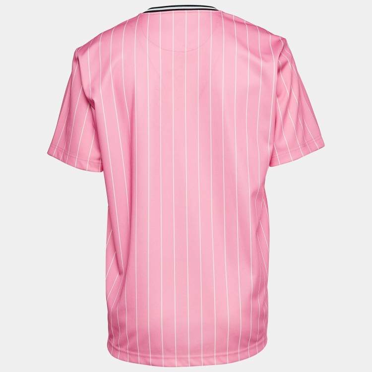 Pre Owned Supreme Pink Pinstripe Jersey Logo Applique Baseball T-Shirt L