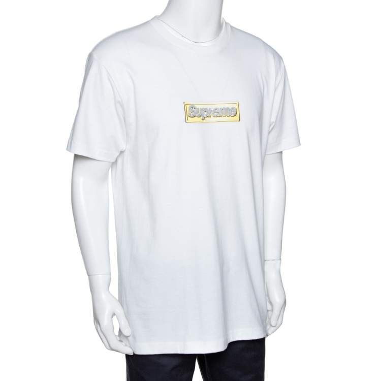 Supreme White Cotton Crystal Logo Print Crew Neck T Shirt L