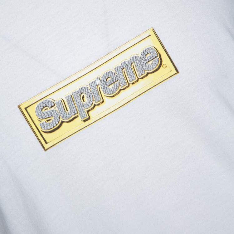 Pre Owned Supreme White Cotton Crystal Logo Print Crew Neck T Shirt L 