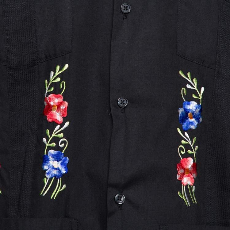 مملوكة مسبقًا Supreme Black Cotton Blend Flowers Guayabera Shirt M