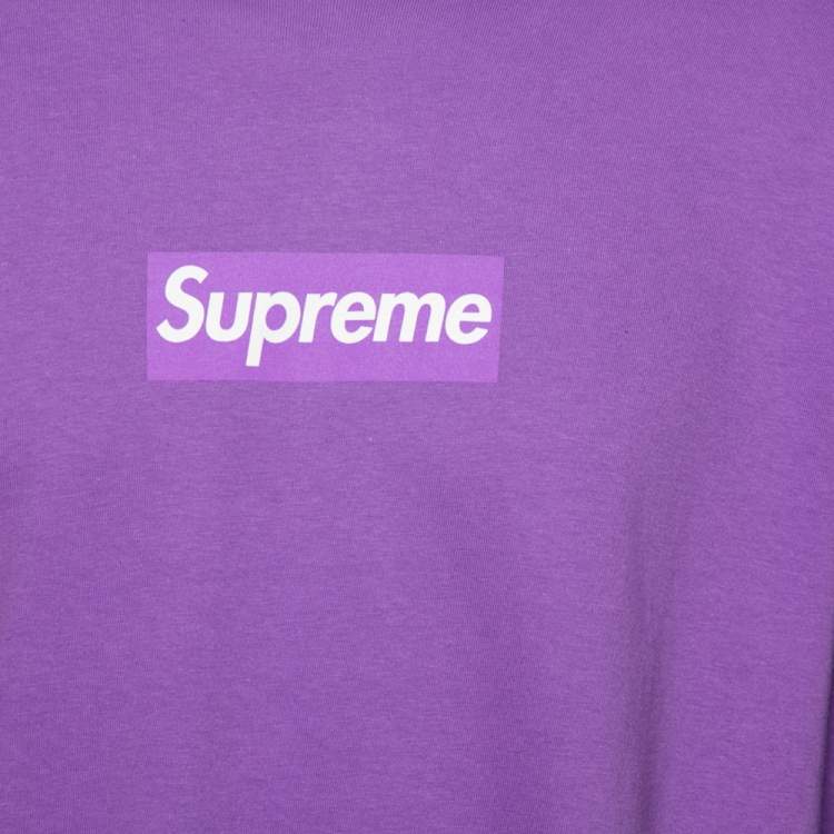 Pre Owned Supreme Purple Cotton Logo Printed Crew Neck T-Shirt L
