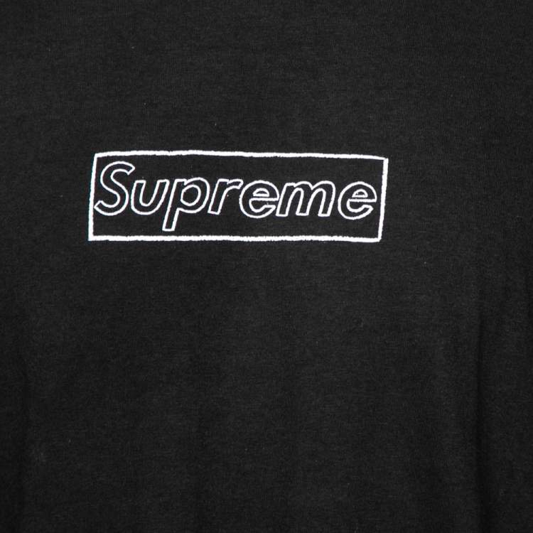 Pre Owned Supreme Black Cotton Logo Printed Crew Neck T-Shirt L