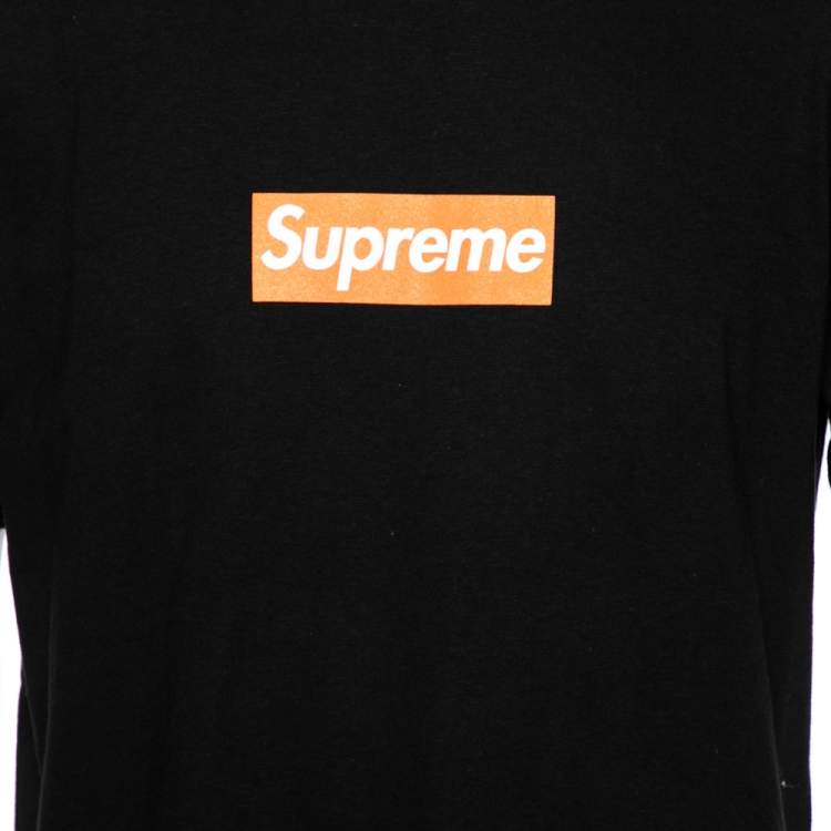 Pre Owned Supreme Black Cotton Logo Printed Crew Neck T-Shirt L