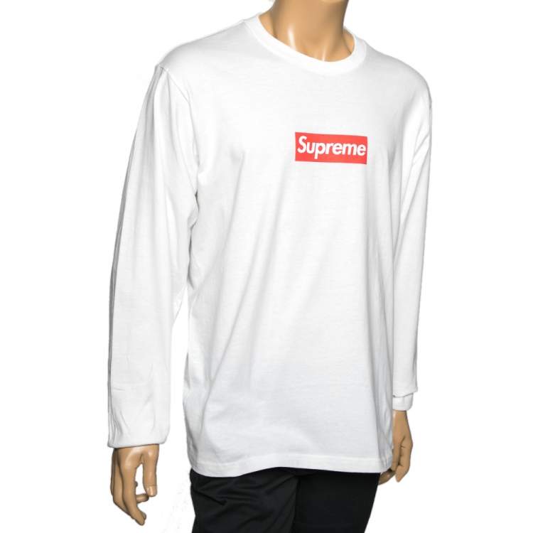 Supreme White Cotton Logo Printed Crew Neck Long Sleeve T-Shirts L Supreme