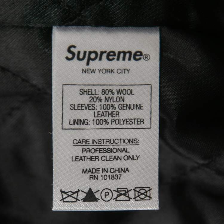Pre Owned Supreme Black Wool & Leather Bone Print Varsity Jacket M