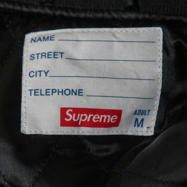 Pre Owned Supreme Black Wool & Leather Bone Print Varsity Jacket M