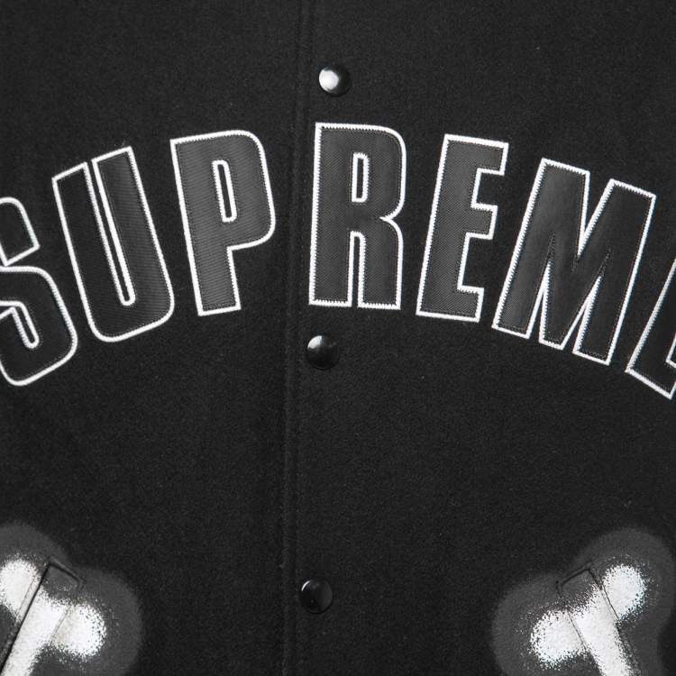Pre Owned Supreme Black Wool & Leather Bone Print Varsity Jacket M