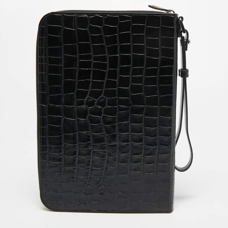 Pre Owned S.T.Dupont Black Embossed Leather Dandy Wristlet Pouch