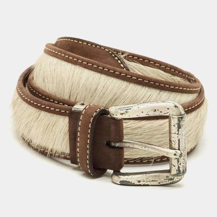 Pre Owned S.T. Dupont Buckle Belt Brown/Off White Calfhair and Leather