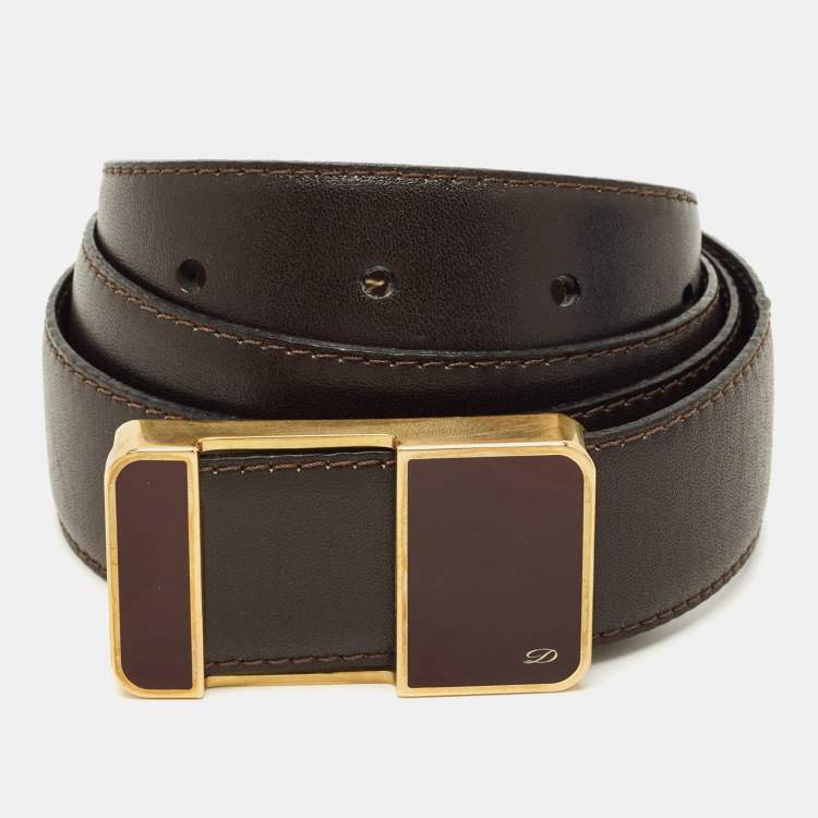Pre Owned S.T. Dupont Cut to Size Plague Buckle Belt 90 CM Dark Brown Leather