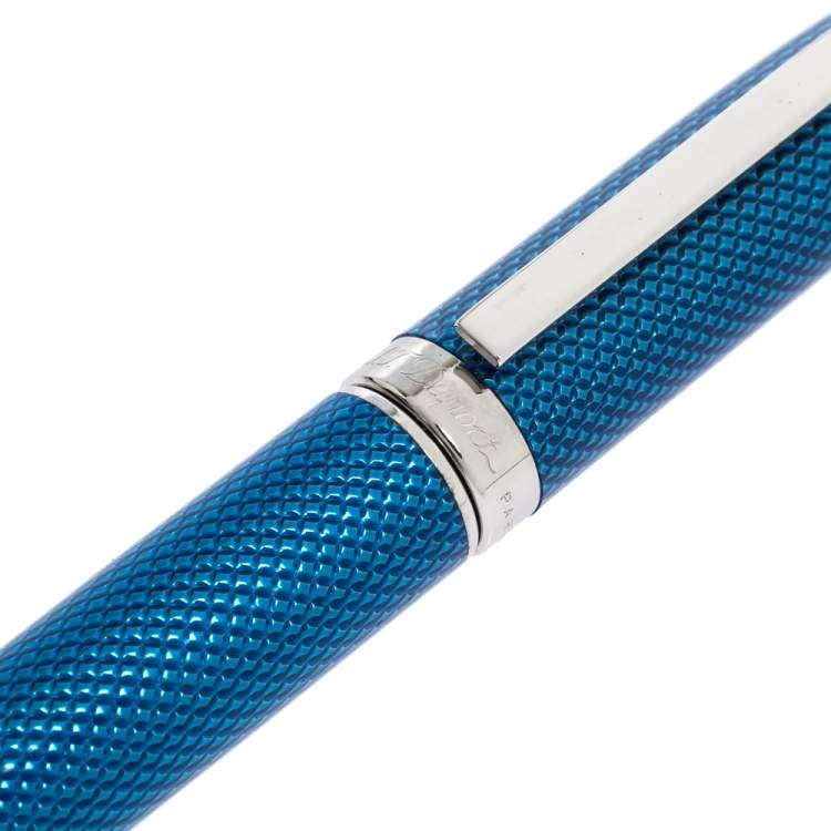 Pre Owned S.T. Dupont Fidelio Blue Textured Guilloche Palladium Finish Ballpoint Pen