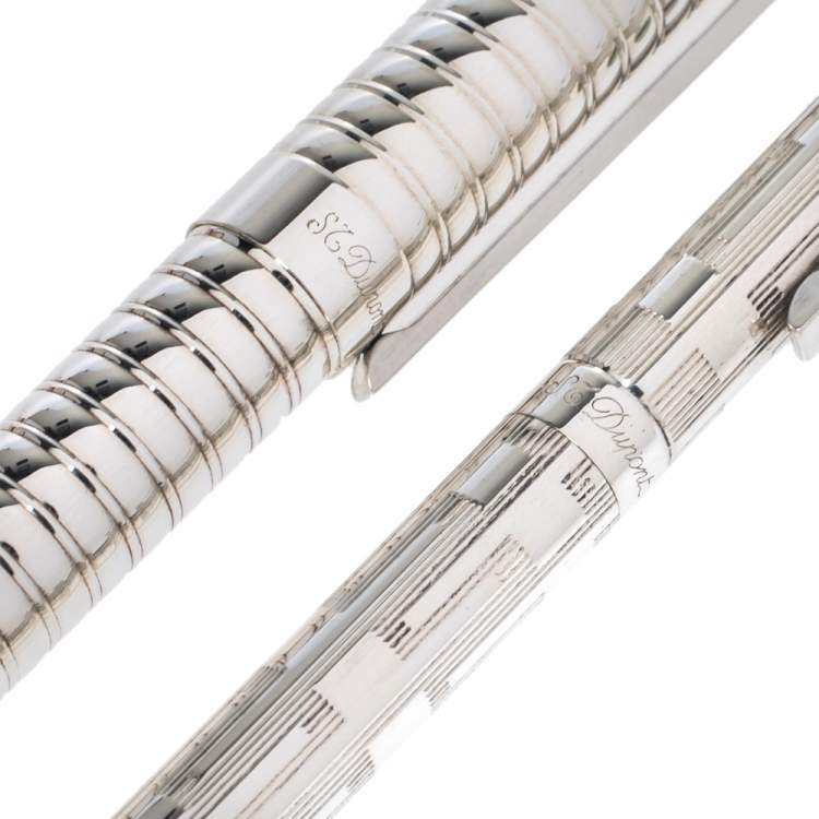 Pre Owned S.T. Dupont Vintage Textured Silver Tone Ballpoint & Fountain Pen Set