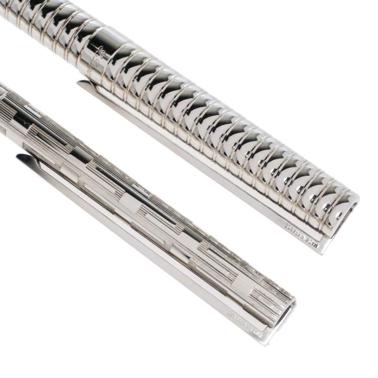 Pre Owned S.T. Dupont Vintage Textured Silver Tone Ballpoint & Fountain Pen Set