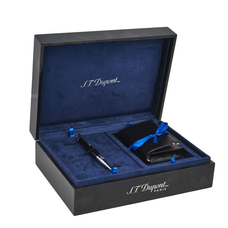 Pre Owned S.T. Dupont Black Line D Leather Bifold Card Holder and BallPoint Pen Set