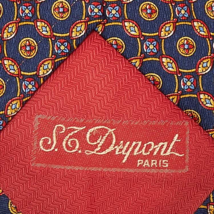 Pre Owned S.T. Dupont Navy Blue Printed Silk Traditional Tie
